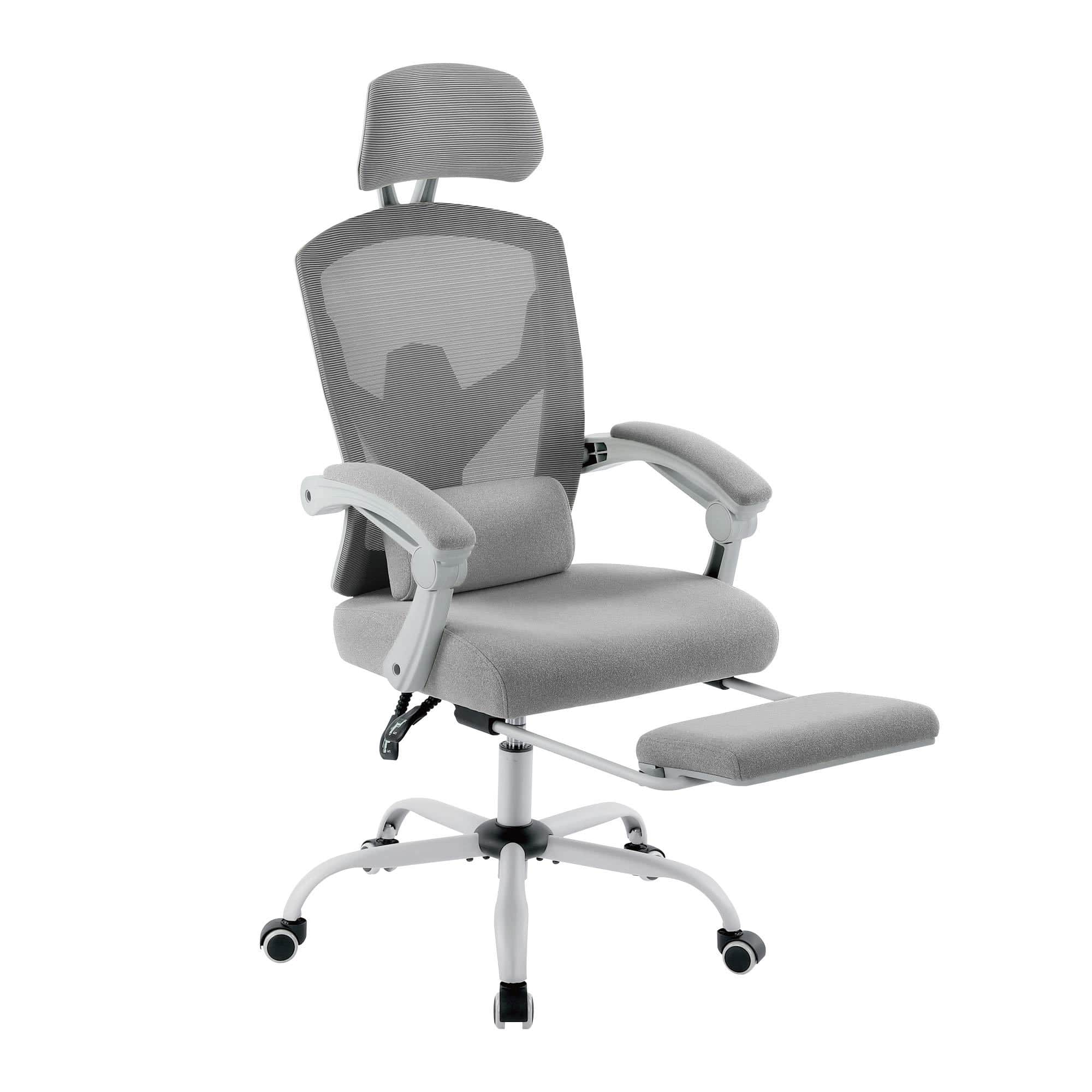 Spaco - Retractable Footrest Ergonomic Swivel Executive Office Chair with Lumbar Support Pillow and Padded Armrests - Gray