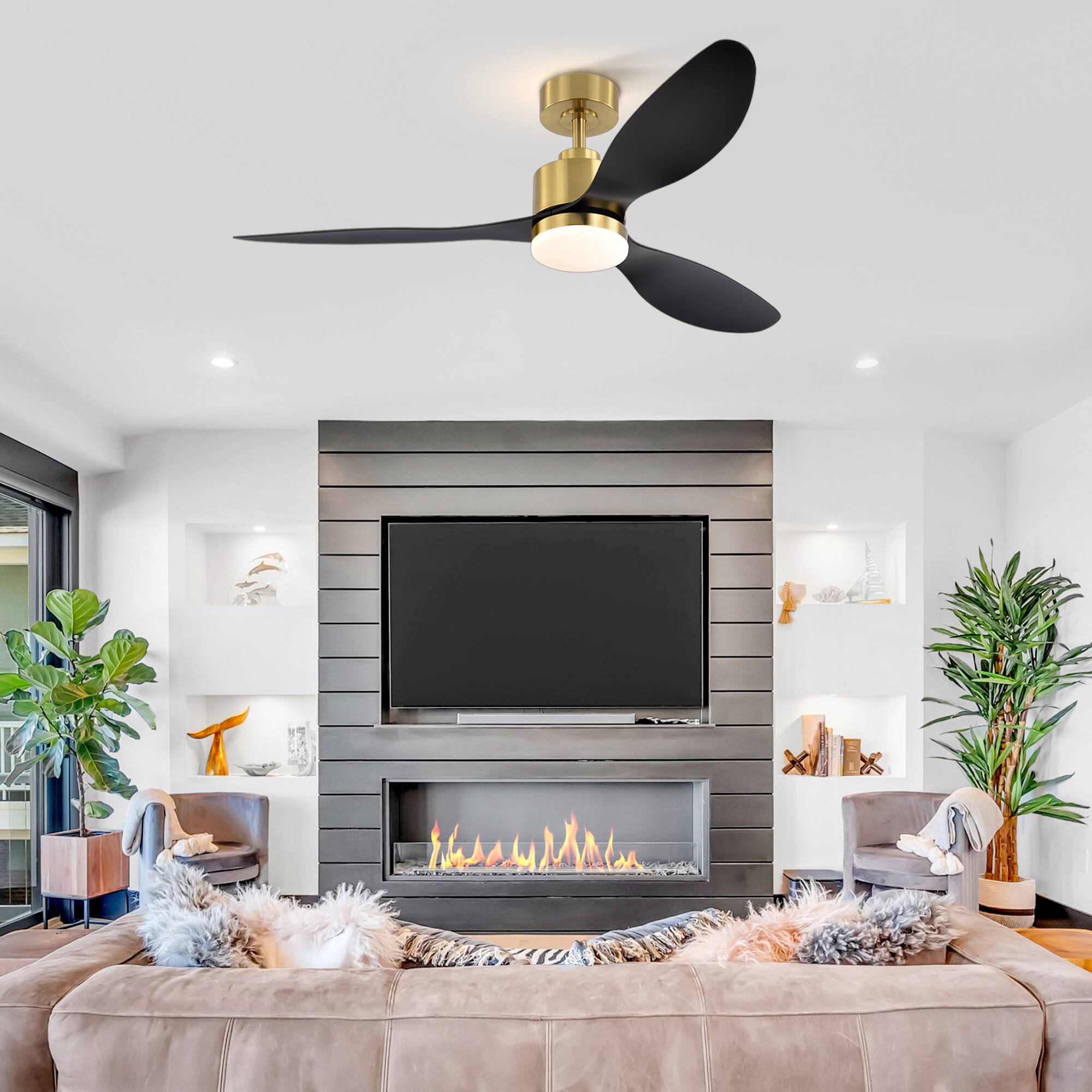 Alt View 8. Breezary - 52" Indoor Ceiling Fan, 3 ABS Blades, 6-Speed DC Motor, Remote Control, Memory/Timer, 3-Color LED Light, 5"/10" Downrods - Gold and Matte Black.