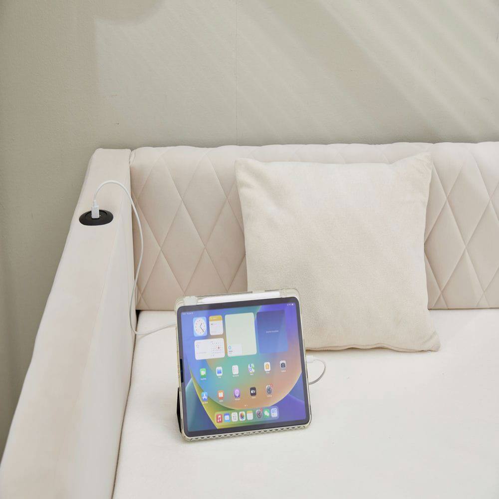 Alt View 8. Kadyn - Velvet Daybed with Sturdy Wood Frame, Modern Diamond Grid Pull-Out Design for Bedroom Living Room - Beige.