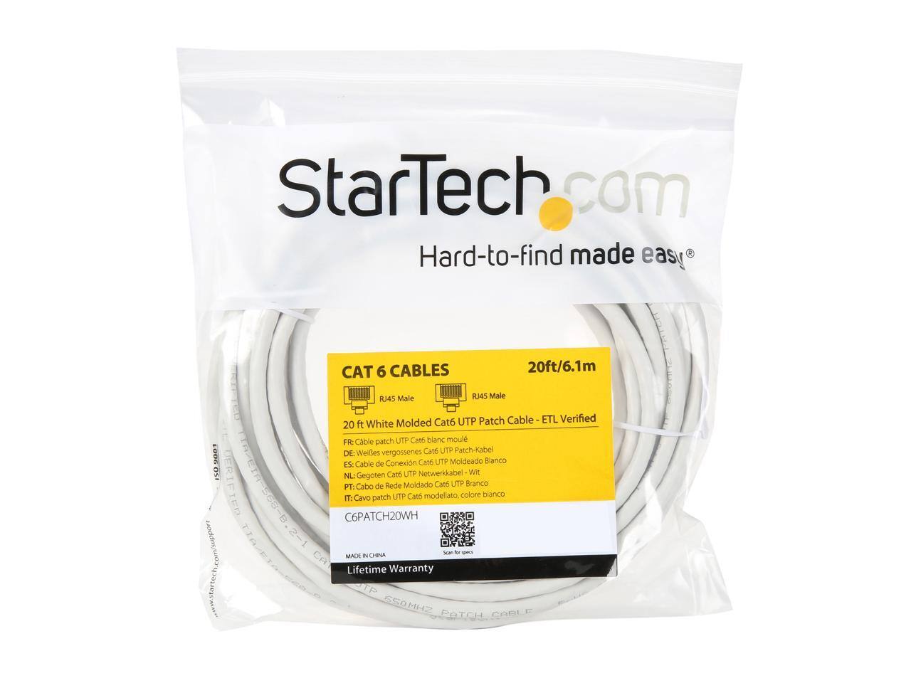 StarTech.com Hard-to-find made easy CAT 6 CABLES 20ft/6.1m RJ45 Male RJ45 Male 50.900 SO DERIFIER www.startech.com Molded Cat6 UTP Patch Cable-ETL ETL Verified 20 ft White FR: Cable patch UTP Can blanc moulé DE: Weißles vergossenes Cat UTP Patch-Kabel ES: Cable de Conexión Cat6 UTP Moldeado Blanco NL: Gegoten Cabo de Rede Moldeado Cat6 UTP Blanco PT: UTP Cat6 moldeado color blanco IT: Cavo patch C6PATCH20WH kan f - MACK IN CHINA CA Lifetime Warranty T 6SAMHZ PATCH