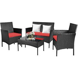 Costway - 4PCS Patio Rattan Furniture Set Cushioned Sofa Coffee Table Backyard Porch - Red