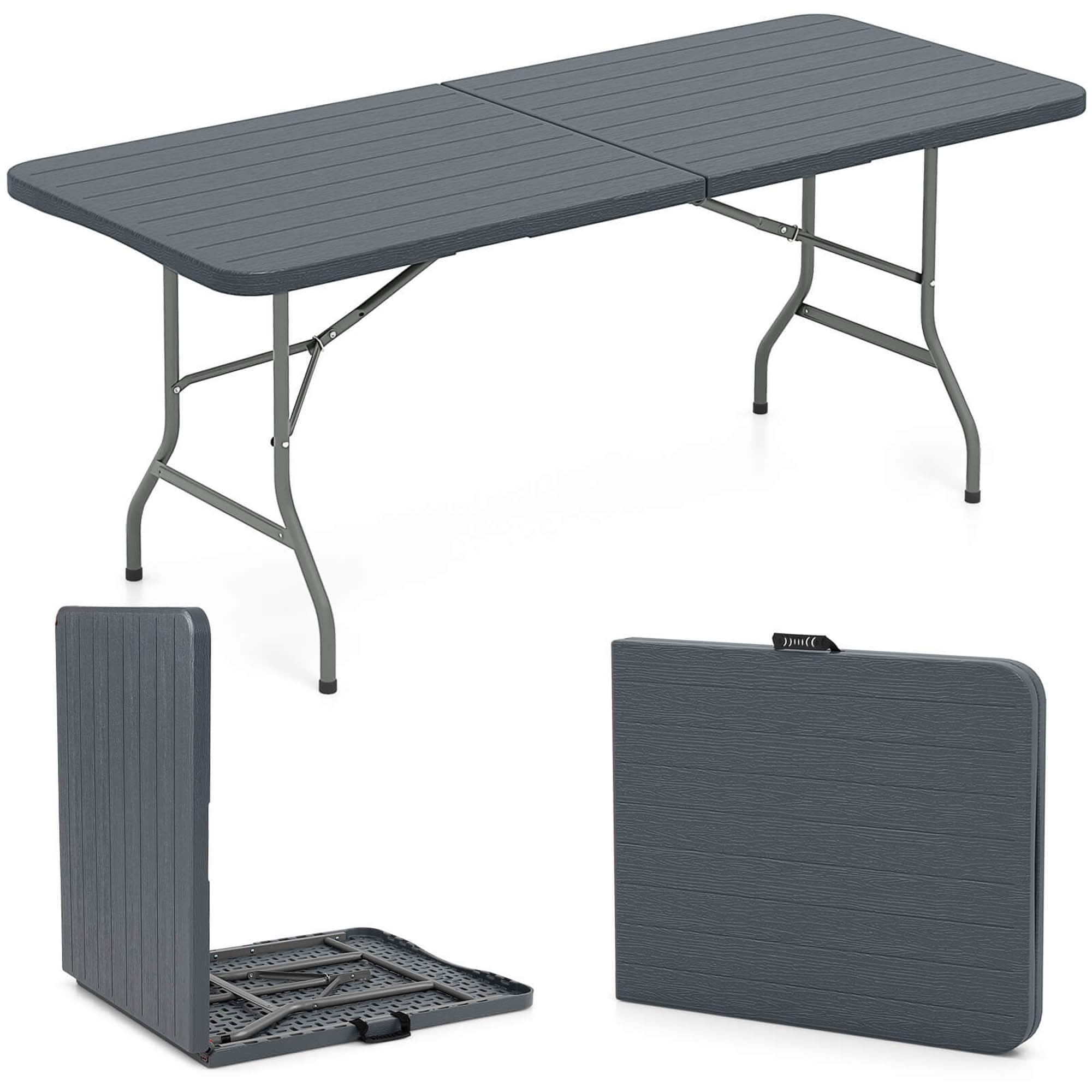 Front. Costway - Costway 6 ft Portable Folding Table with Wood Grain HDPE Tabletop Safe Lock Mechanism - Gray.
