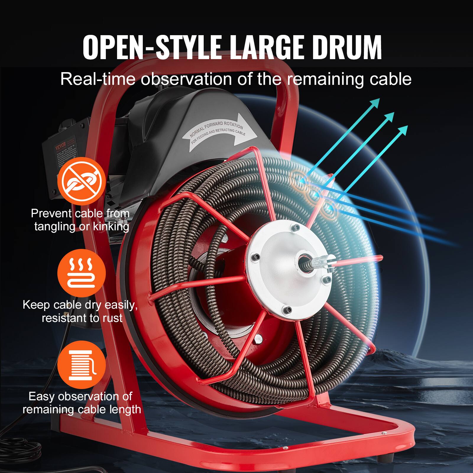 OPEN-STYLE LARGE DRUM

Real-time observation of the remaining cable

Prevent cable from tangling or kinking

Keep cable dry easily, resistant to rust

Easy observation of remaining cable length