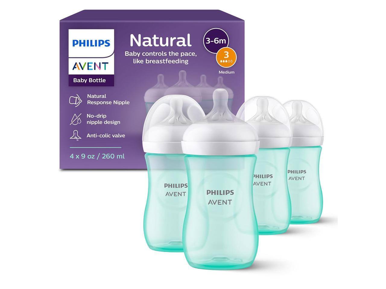 PHILIPS AVENT Baby Bottle  
Natural Response Nipple  
No-drip nipple design  
Anti-colic valve  

Baby controls the pace, like breastfeeding  

3-6m  
Medium  

4 x 9 oz / 260 ml