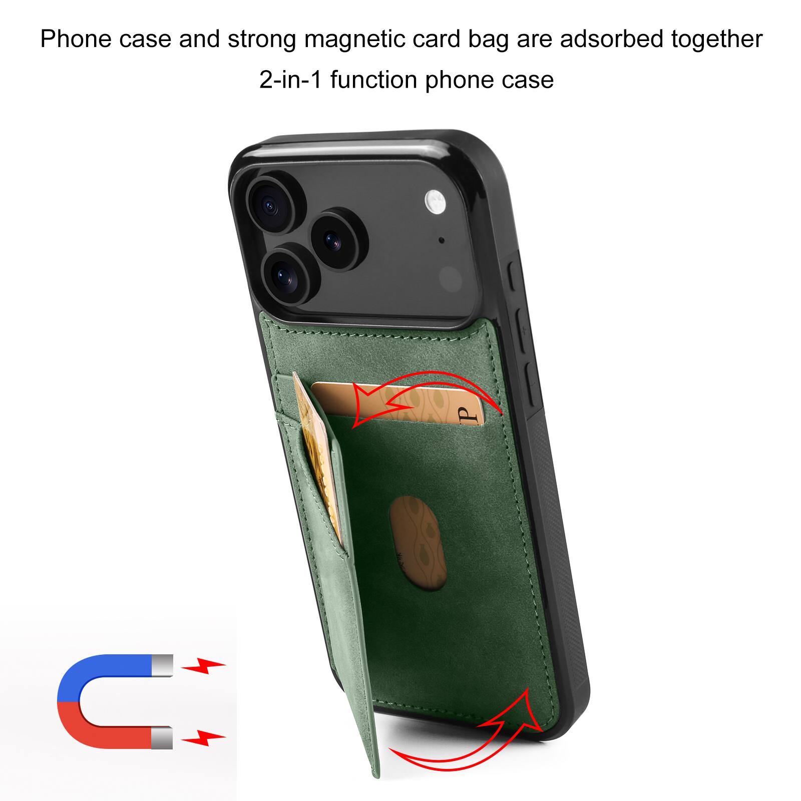 Phone case and strong magnetic card bag are adsorbed together  
2-in-1 function phone case