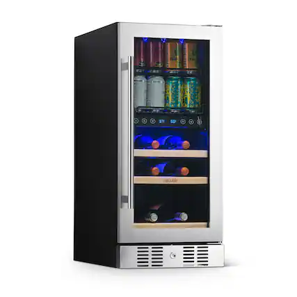 A black refrigerator with a wine cooler on the bottom. The wine cooler has a blue light inside and is stocked with wine bottles. The refrigerator also has a section for canned drinks, with several cans visible.