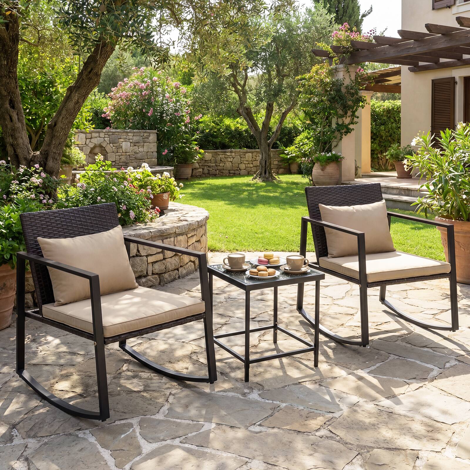 Alt View 4. Gymax - Gymax 3-Piece Outdoor Rocking Bistro Set Patio Rocking Chairs & Coffee Table Set - Black.
