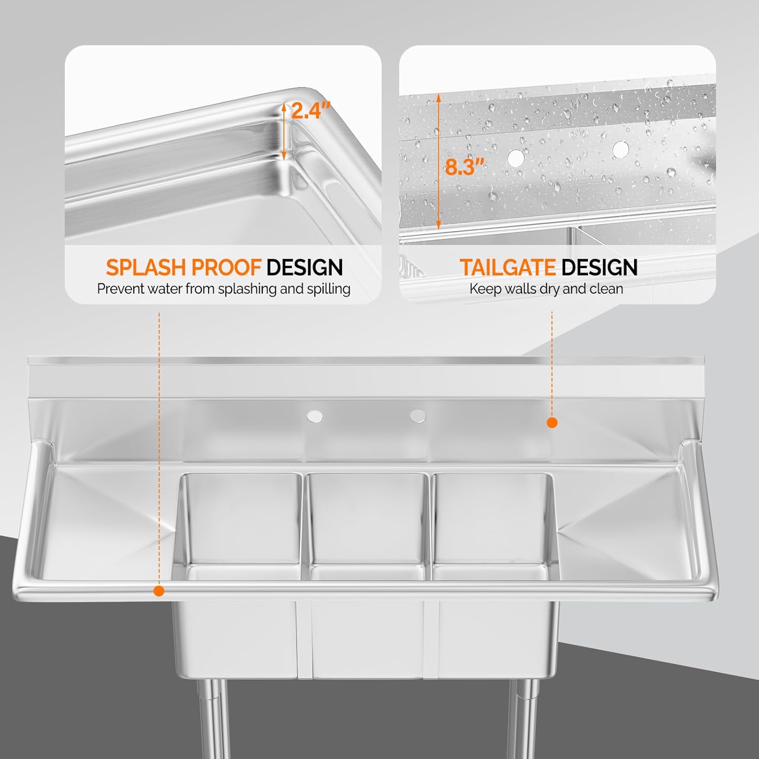 2.4" 8.3" SPLASH PROOF DESIGN Prevent water from splashing and spilling TAILGATE DESIGN Keep walls dry and clean