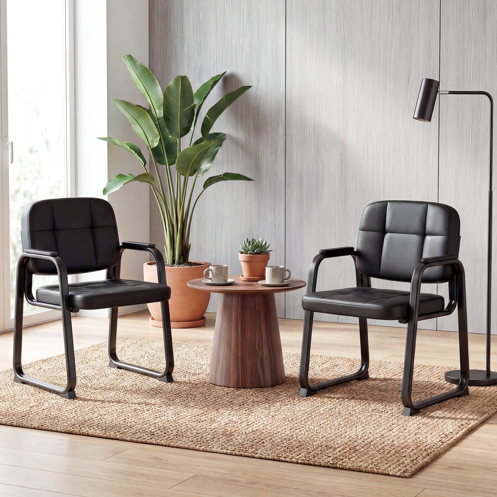 Alt View 2. Costway - Costway Leather Office Reception Chairs Set of 6 withPadded Armrests Sled Base Metal Frame - Black.