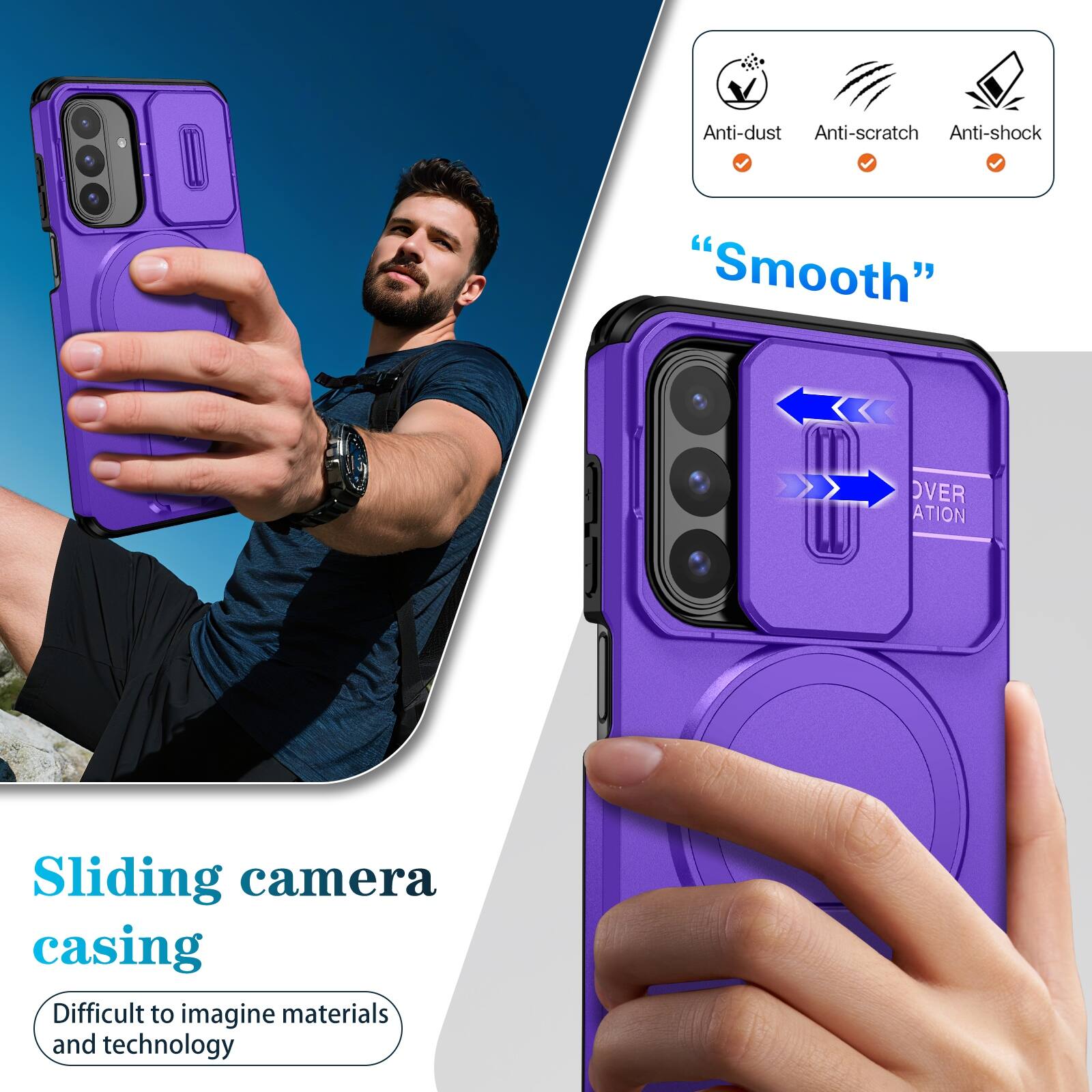 Anti-dust  
Anti-scratch  
Anti-shock  

"Smooth"  

Sliding camera casing  
Difficult to imagine materials and technology