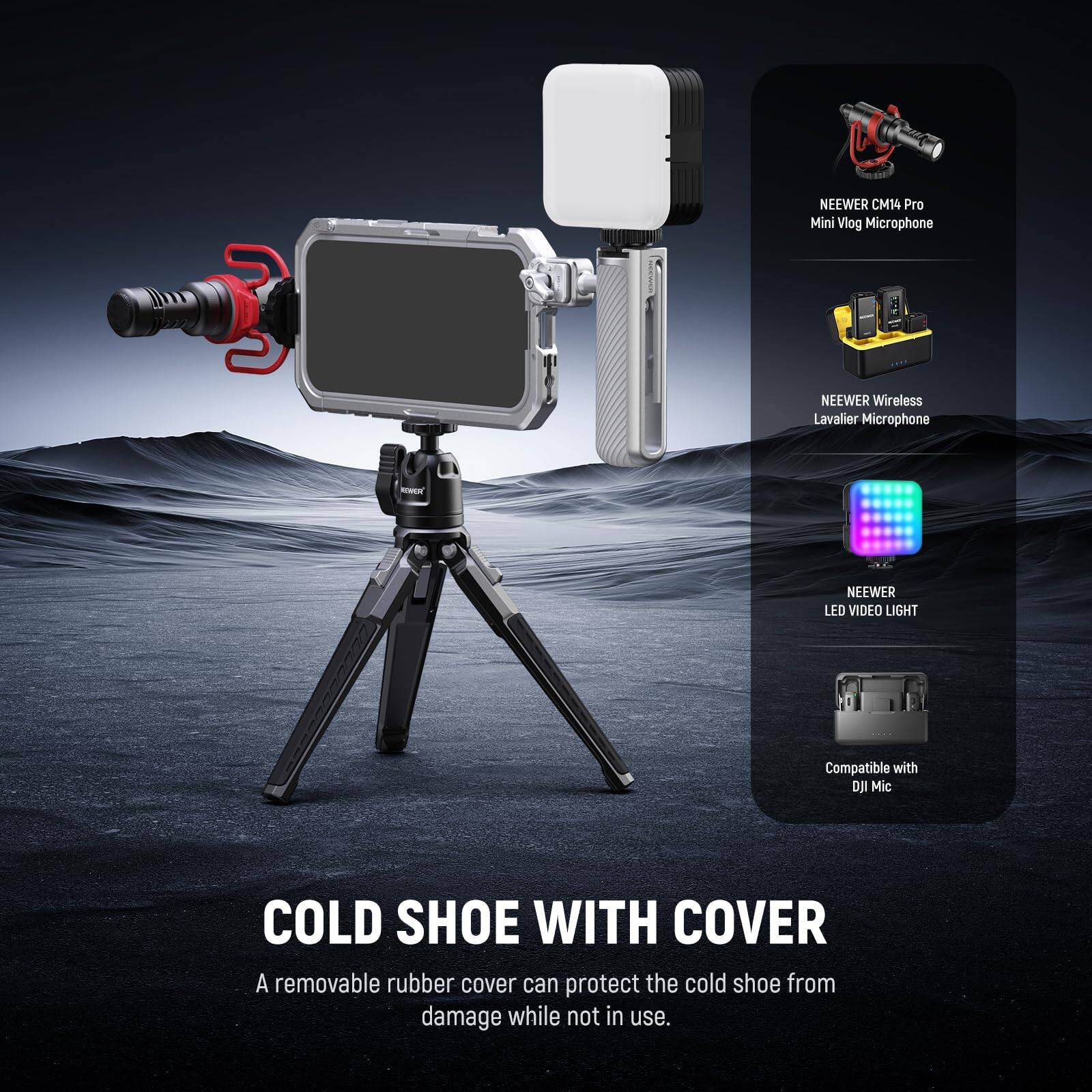 NEEWER CM14 Pro Mini Vlog Microphone - NEEWER Wireless Lavalier Microphone - NEEWER LED VIDEO LIGHT Compatible with DJI Mic

COLD SHOE WITH COVER
A removable rubber cover can protect the cold shoe from damage while not in use.