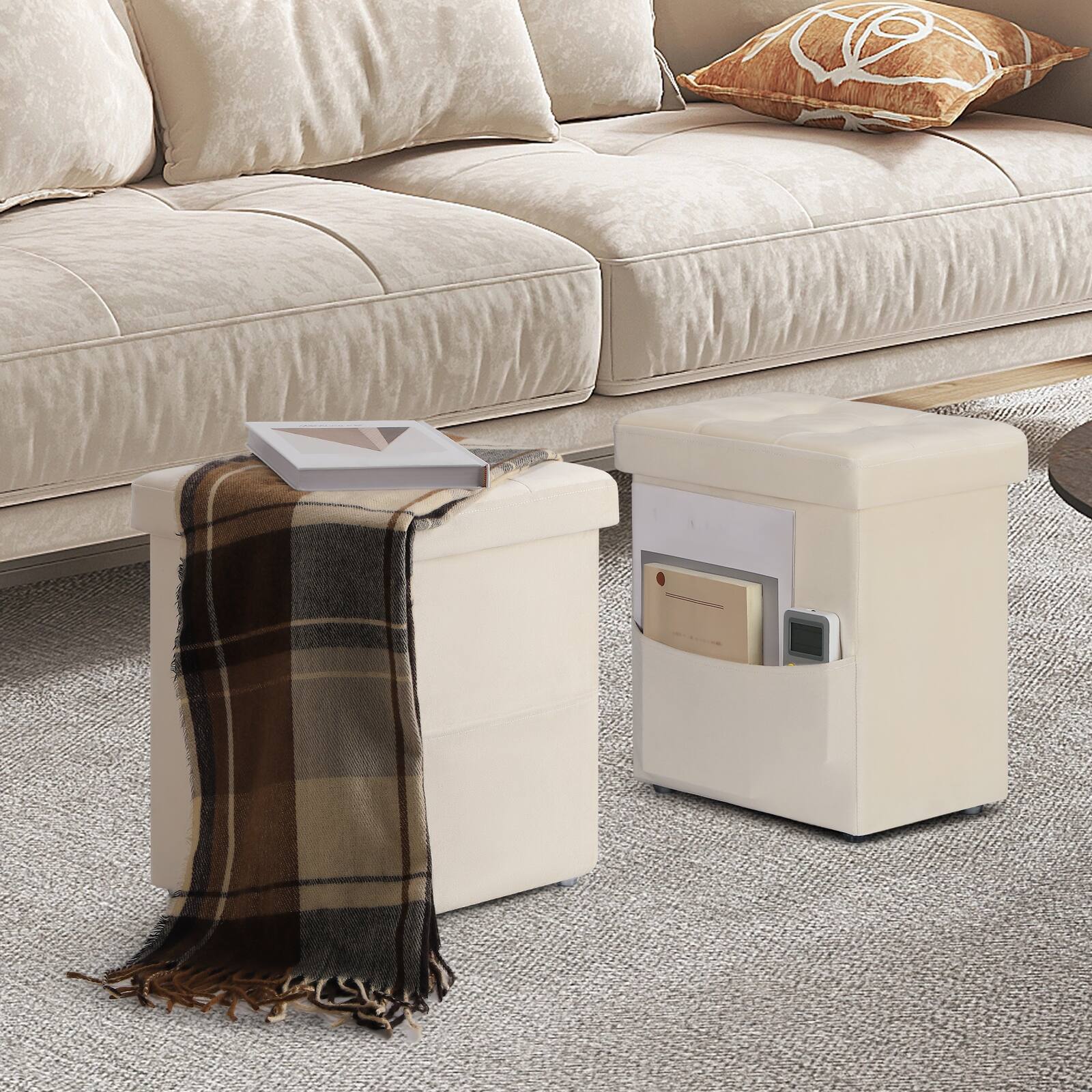 Alt View 1. Oumilen - Velvet Foldable Storage Cube Ottoman Foot Stool with Side Pocket, Beige - Pink.