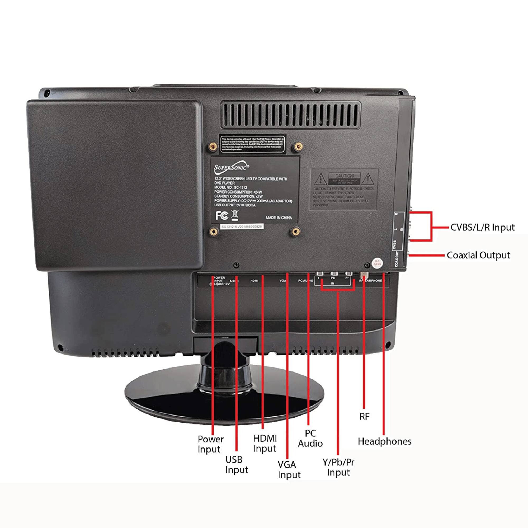 Sure, here is the corrected and grouped text from the image:

---

**SUPERSOONIC**  
13.7" WIDESCREEN LED TV CONVERTER  
MODEL NO: SC-1212  
POWER SUPPLY: 100-240V~50/60Hz  
POWER CONSUMPTION: 20W  
POWER SUPPLY: DC12V 2A  
MADE IN CHINA  

**ADAPTOR**  
Input: Coaxial  
Output: RF  

**INPUTS**  
- CVBS/L/R Input  
- Coaxial Output  
- RF  
- Headphones  
- VGA Input  
- Y/Pb/Pr Input  
- HDMI Input  
- USB Input  
- Power Input  

**OUTPUTS**  
- PC Audio  
- VGA Output  

**CAUTION**  
DO NOT REMOVE THE COVER.  
DO NOT EXPOSE TO RAIN OR WATER.  
DO NOT USE IN HUMID OR DUSTY ENVIRONMENT.  
DO NOT USE IN HUMID OR DUSTY ENVIRONMENT.  

**FC**  
C1312-M001-0000000000  

---

This text is organized to