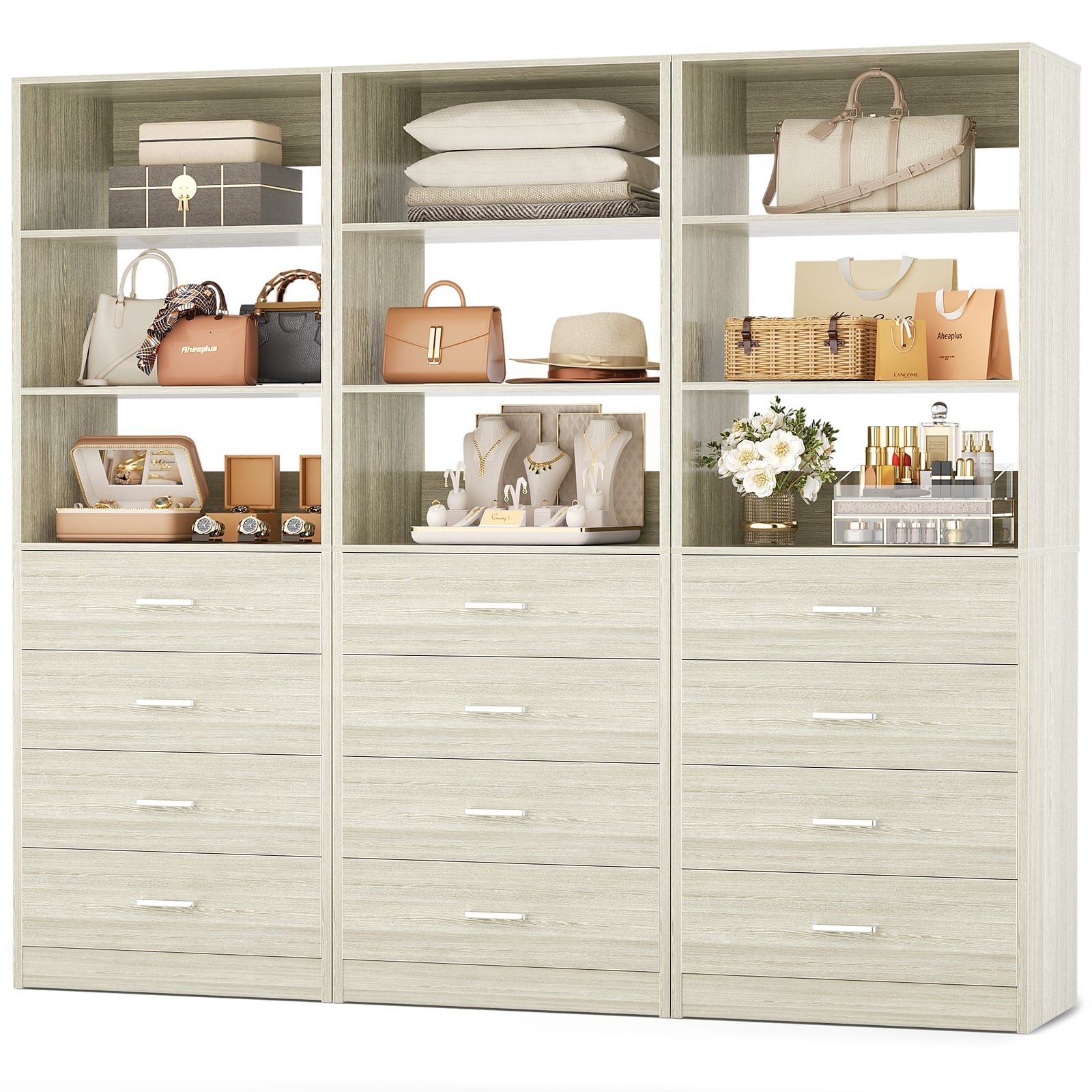 Aheaplus - 5.3FT Wood Closet Organizer System with 12 Wood Drawers and 6 Shelves, 3 Packs - Beige Oak