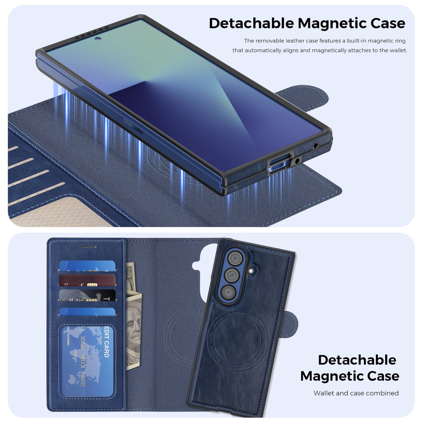 Detachable Magnetic Case

The removable leather case features a built-in magnetic ring that automatically aligns and magnetically attaches to the wallet.

Detachable Magnetic Case

Wallet and case combined