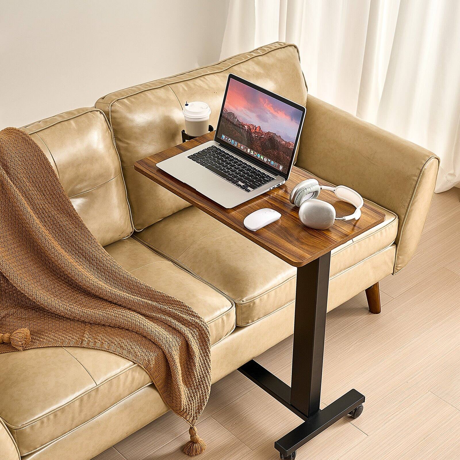 Alt View 1. Glintex - Electric Overbed Table with Wheels, Height Adjustable Rolling Laptop Desk with Cup Holder, Bedside Table for Home Office - Brown.