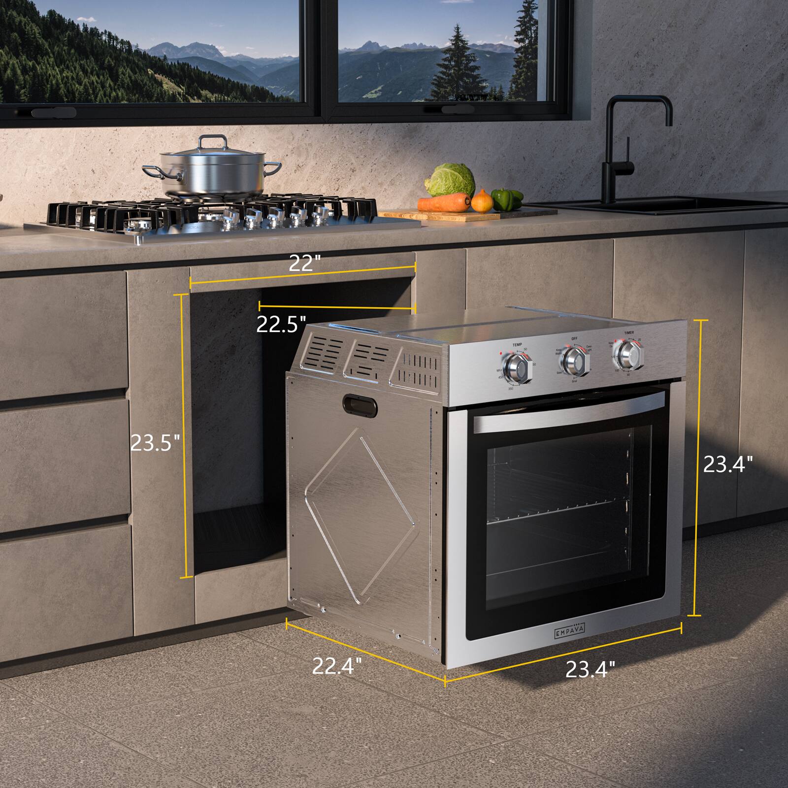 The text on the image indicates that the oven is 22.5 inches wide and 23.4 inches tall.