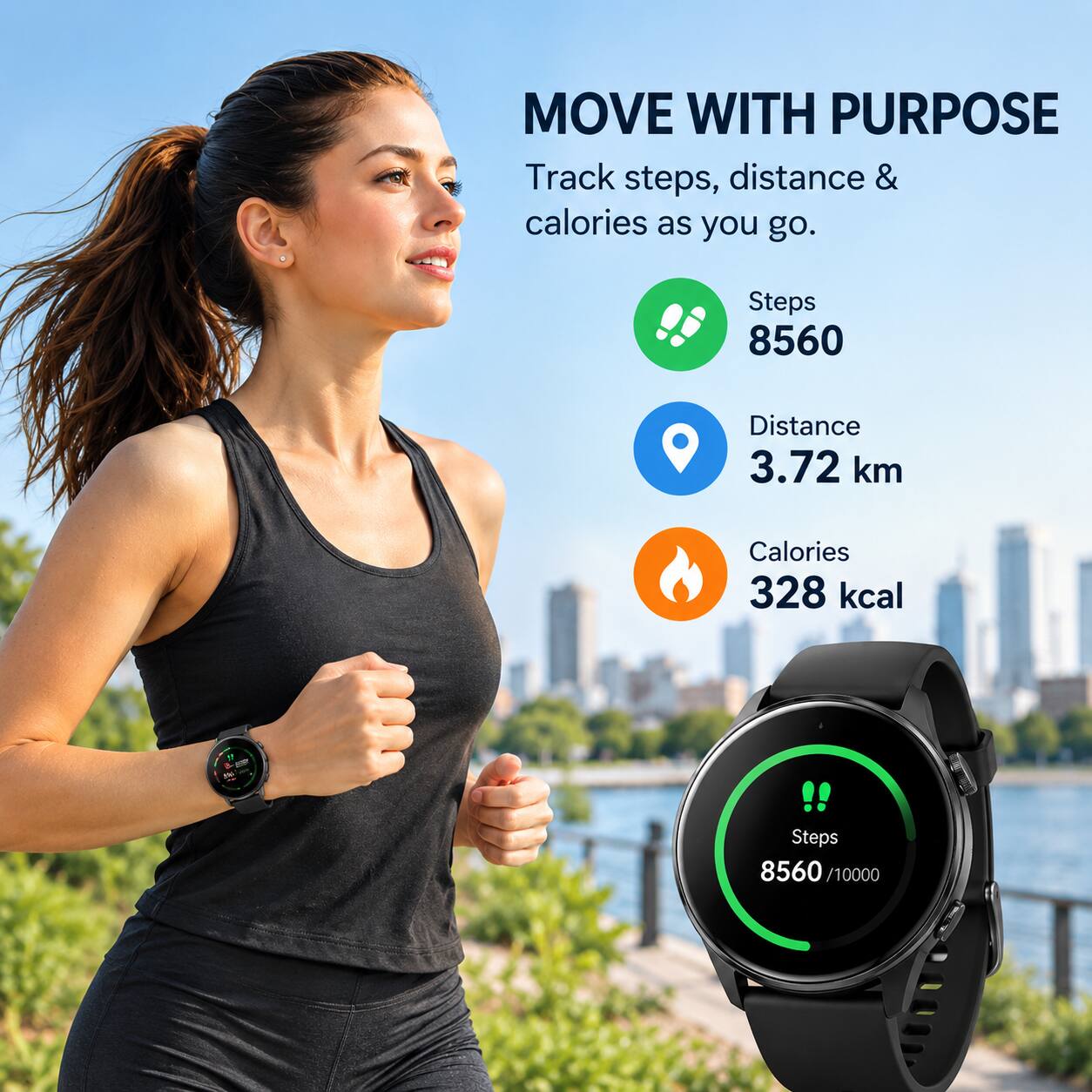MOVE WITH PURPOSE  
Track steps, distance & calories as you go.  

Steps 8560  
Distance 3.72 km  
Calories 328 kcal  

Steps 8560 /10000