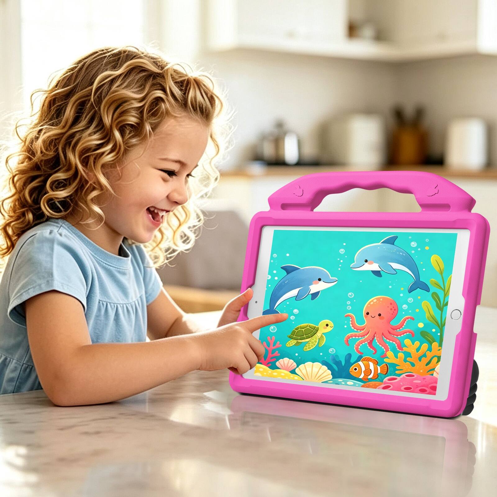 Alt View 2. UUCOVER - Kids Case for iPad 9th 8th 7th Gen 10.2-inch (2021/2020/2019) Shockproof EVA Handle Stand Anti-Slip Protective Cover - Rose.