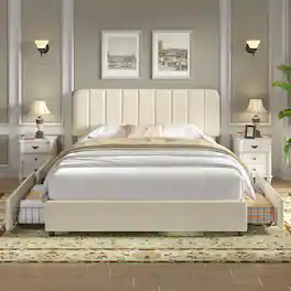 Vecelo - Queen Size Storage Bed Frame with 4 Drawers - Velvet Upholstered, Adjustable Headboard, 800lb Capacity, Noise Free - Beige