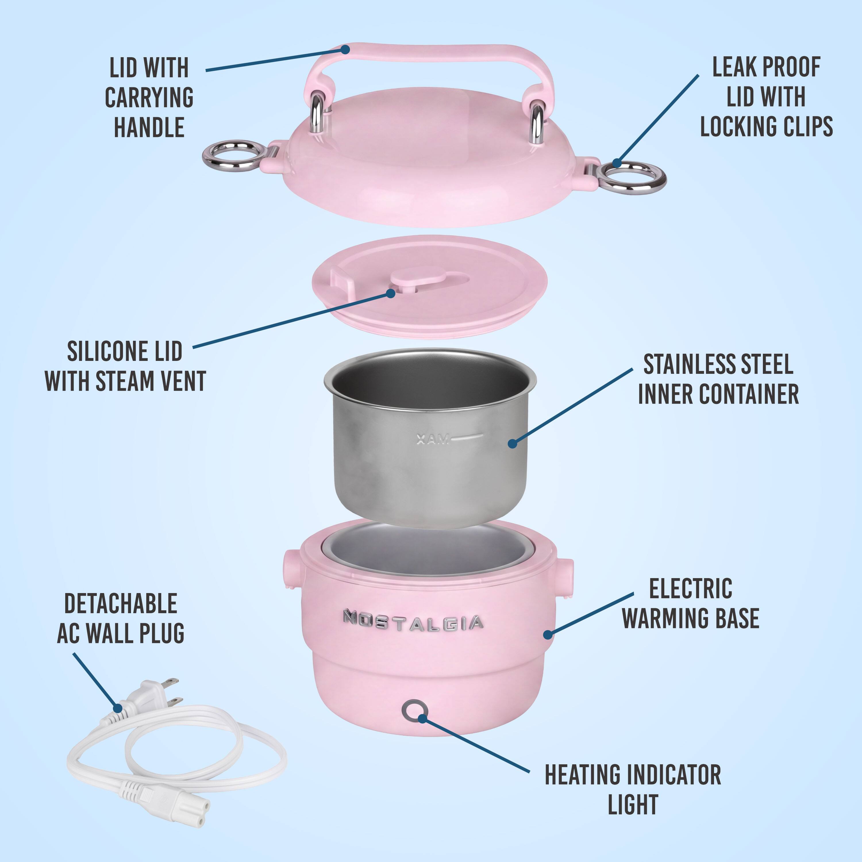 LID WITH CARRYING HANDLE  
LEAK PROOF LID WITH LOCKING CLIPS  
SILICONE LID WITH STEAM VENT  
STAINLESS STEEL INNER CONTAINER  

DETACHABLE AC WALL PLUG  
ELECTRIC WARMING BASE  
HEATING INDICATOR LIGHT