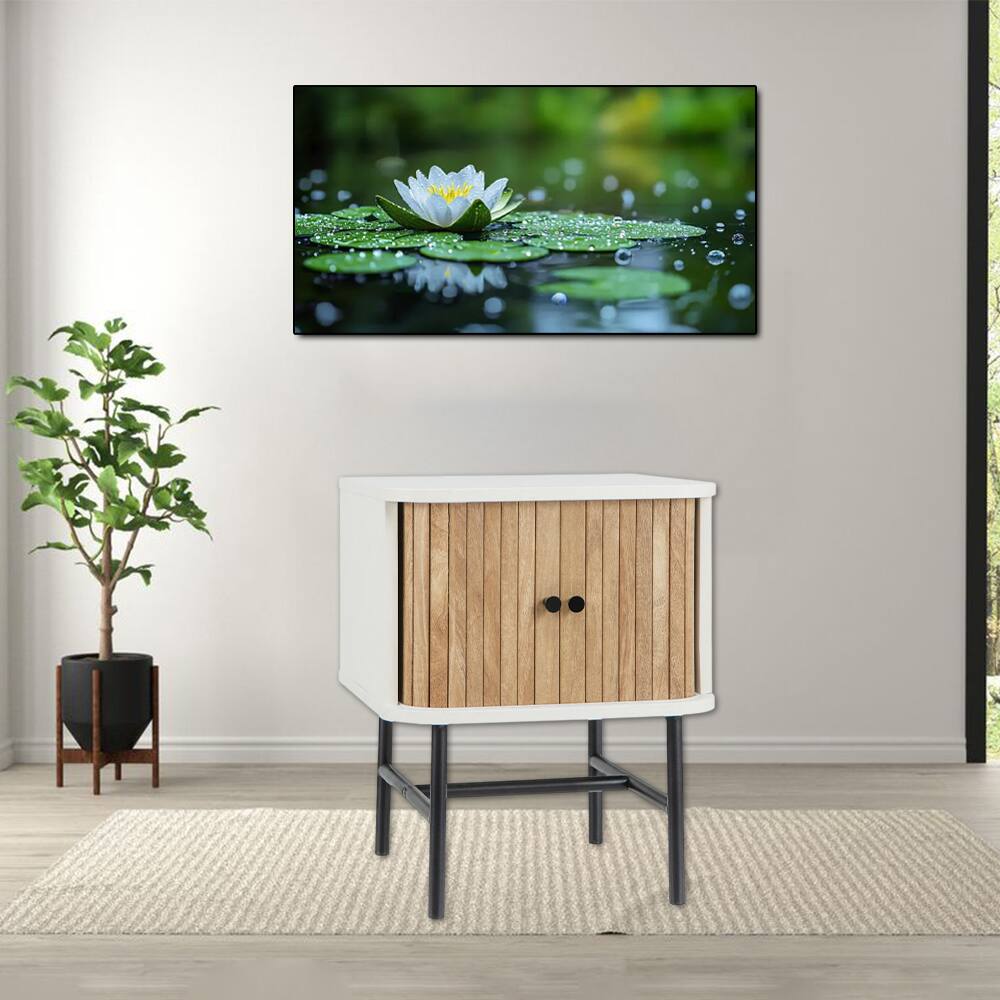 Front. Hivvago - Vintage Style Bedside Cabinet with Smooth Sliding Doors and Shelf Space - White.