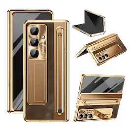 Dteck - Case For Samsung Galaxy Z Fold 7, Luxury Plate Rugged Kickstand Hinge Protection Cover with Front Screen Film+Stylus - Gold+Brown