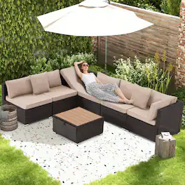 U-HOMY - 7-Piece Modular Outdoor Rattan Sofa Set – All-Weather Wicker Patio Furniture with Storage Table, Cushions & Pillows - Khaki