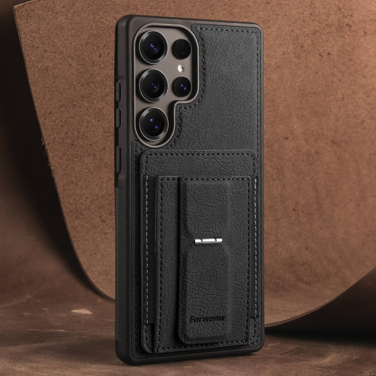 Back. Dteck - Slim Card Holder Case for Samsung Galaxy S26 Ultra, Shockproof Wallet Protective Cover with Kickstand - Black.