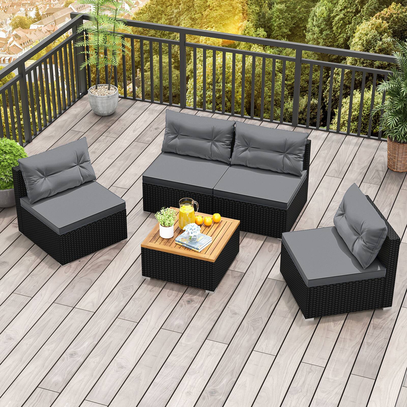 Alt View 9. Gymax - Gymax Set Of 5 Outdoor Furniture Set w/ Seat & Back Cushions Acacia Wood Tabletop - Gray, Black.