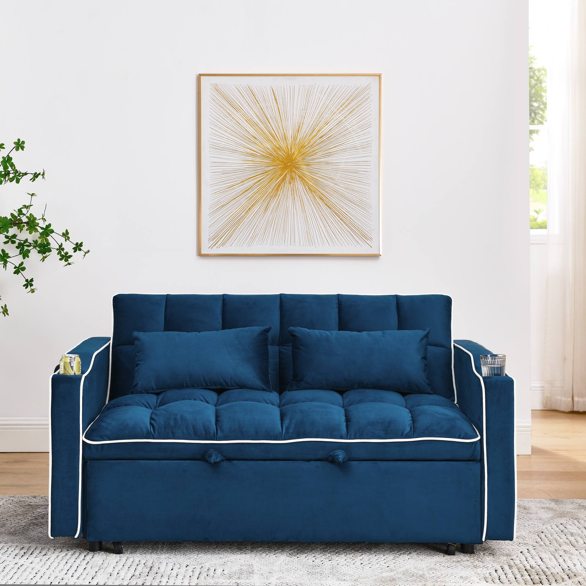 Back. Tiramisubest - Modern Velvet Versatile Foldable Sofa Bed in 3 Lengths,Adjustable Back w/ USB Port,Ashtray & Swivel Phone Stand (Blue) - Blue.