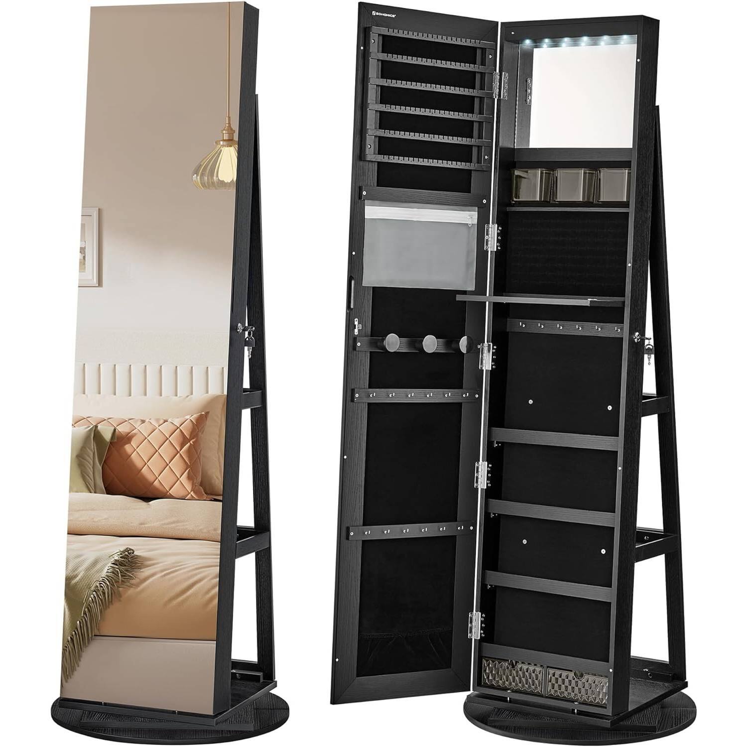 Front. SlickBlue - Elegant Wood Jewelry Cabinet – Freestanding Armoire with Rotating Mirror - Black.