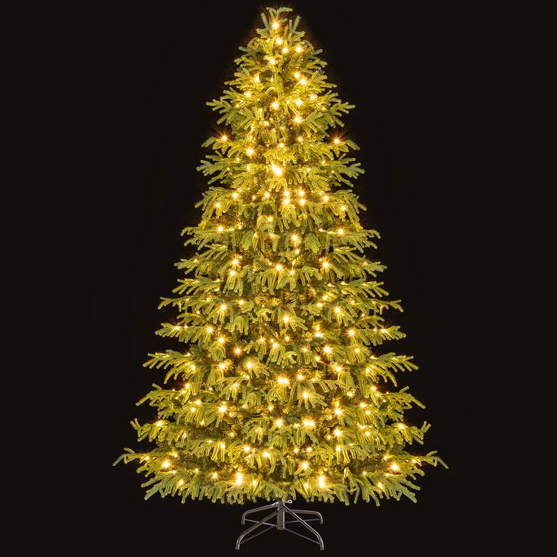 Left. WELLFOR - 7FT Artificial Christmas Tree, Pre‑Lit Holiday Decoration, 1090 Mixed TPE‑PVC Tips with 370 Warm White LED Lights - Green.