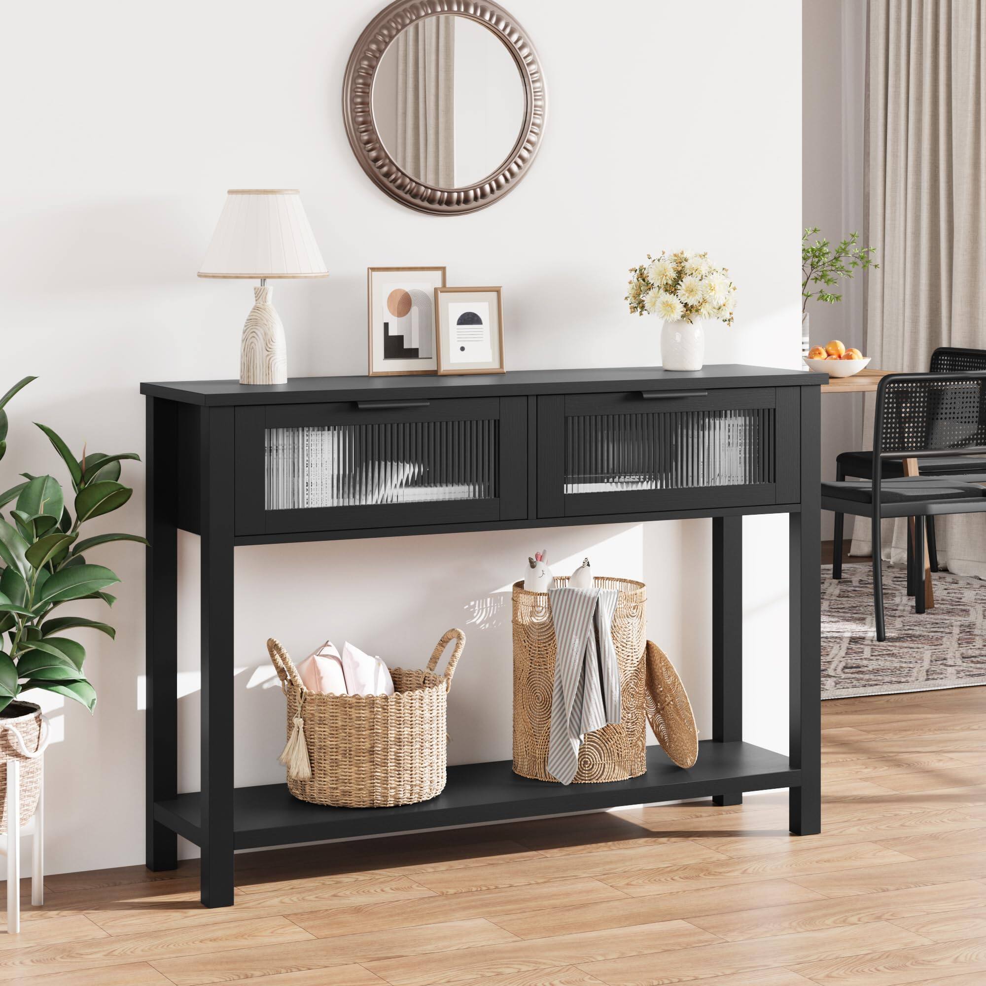 Front. Jojoka - Entryway Table, Wood Console Table with 2 Glass Drawers, 2 Tier Sofa Table with Storage - Black.