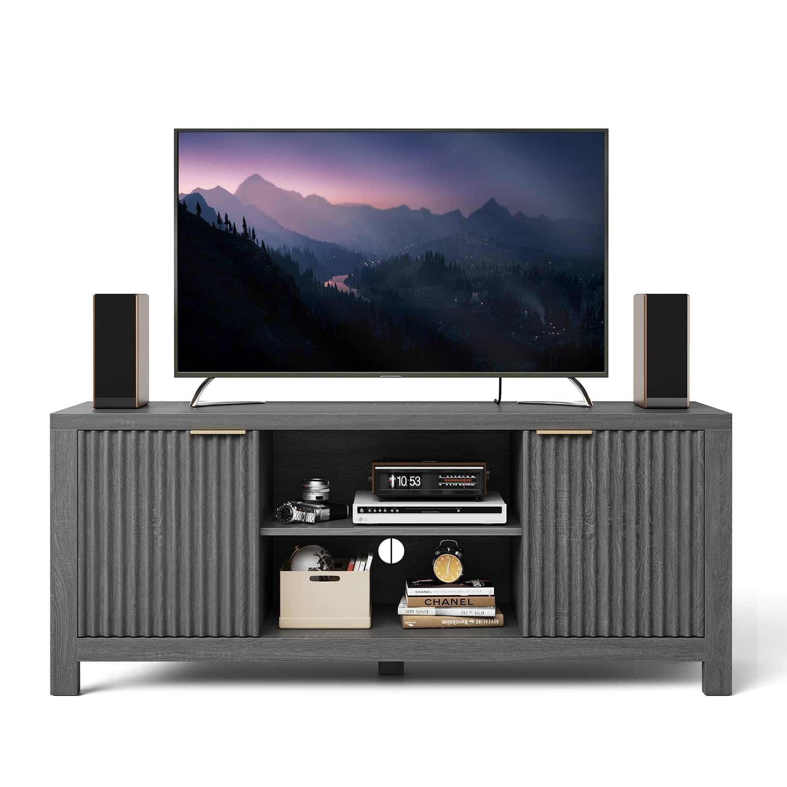 Jojoka - 59" Fluted TV Stand for 65 Inch TV, Modern Entertainment Center with Open Shelves & 2 Storage Cabinets - Gray