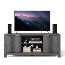 Qeetex - 59" Fluted TV Stand for 65 Inch TV, Modern Entertainment Center with Open Shelves & 2 Storage Cabinets - Gray