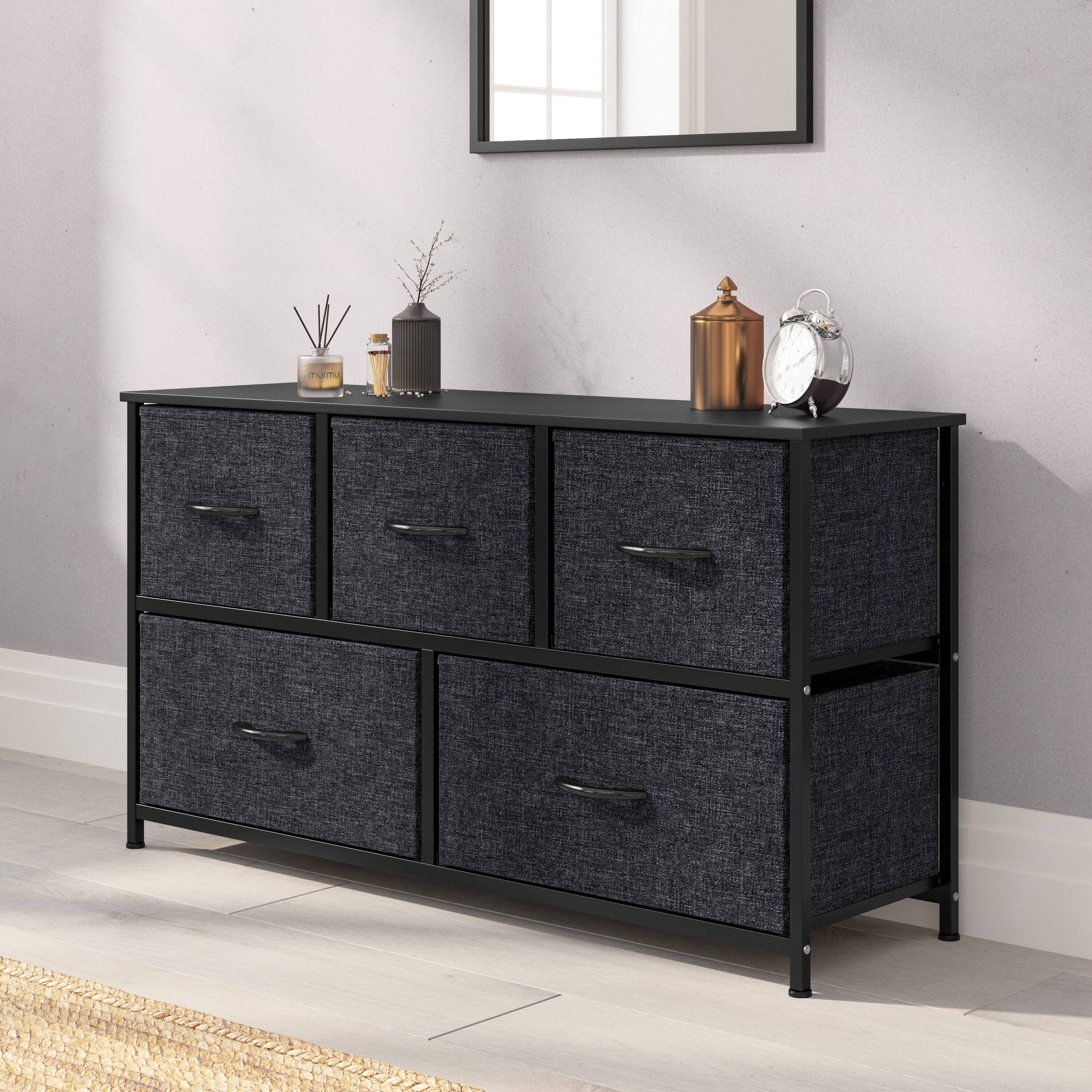 Alt View 1. Emma + Oliver - Marley 5 Drawer Storage Dresser with Cast Iron Frame, Wood Top and Easy Pull Fabric Drawers with Wooden Handles - Black Drawers/Black Frame.