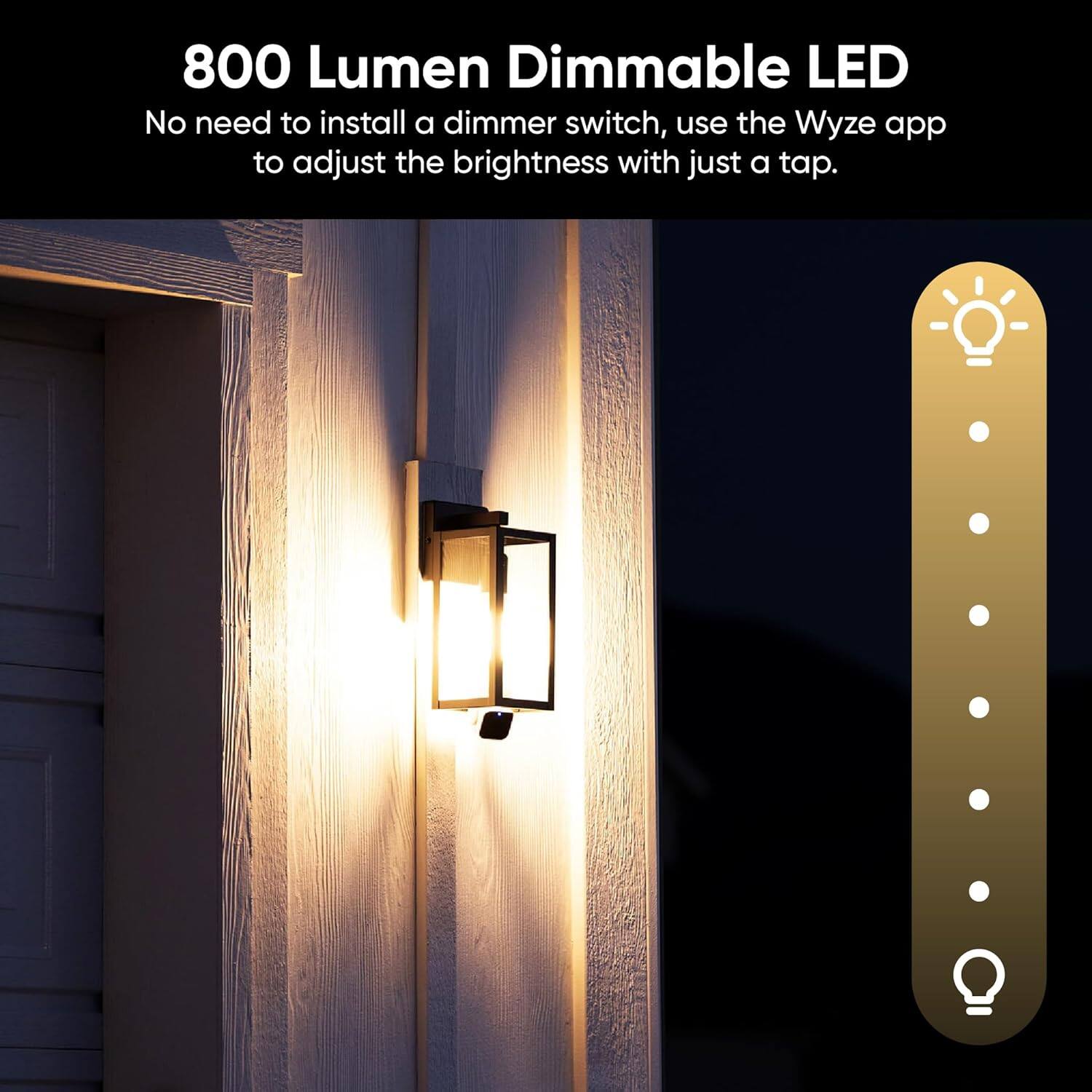 The text on the image reads: "800 Lumen Dimmable LED No need to install a dimmer switch, use the Wyze app to adjust the brightness with just a tap."