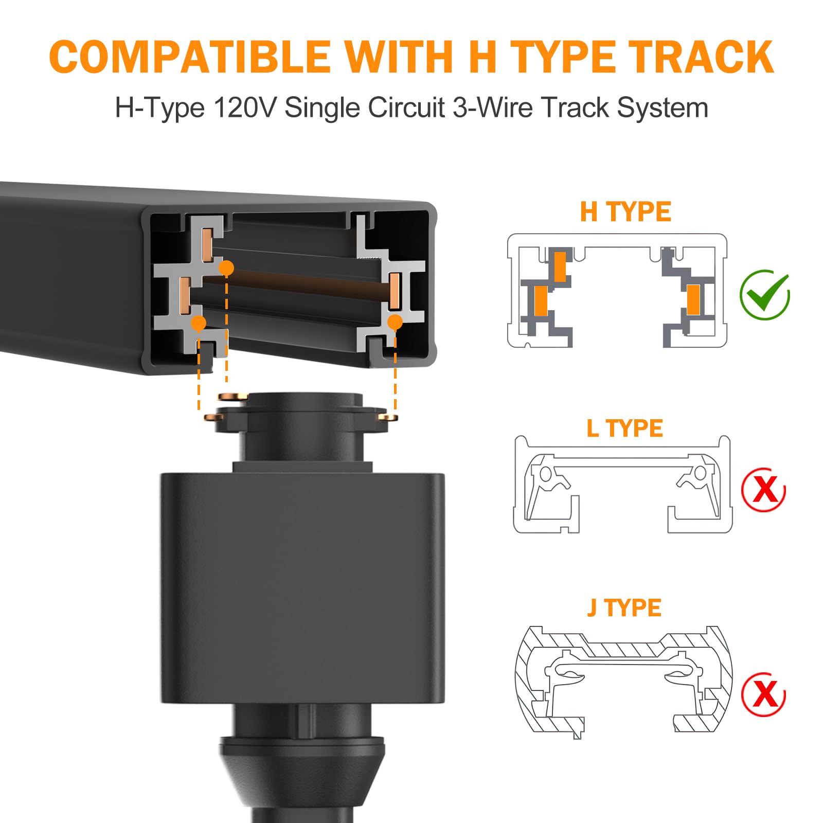 COMPATIBLE WITH H TYPE TRACK  
H-Type 120V Single Circuit 3-Wire Track System  

H TYPE ✓  
L TYPE ❌  
J TYPE ❌