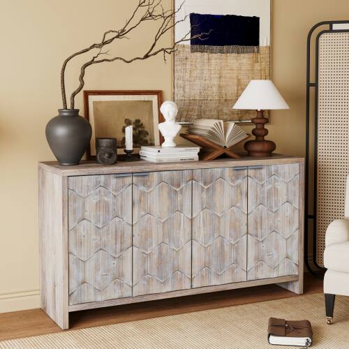 Angle. LUCKY ONE - Freestanding Farmhouse Accent Cabinet with 4 Doors Adjustable Shelves for Living Room Entryway - Natural Wood Wash.