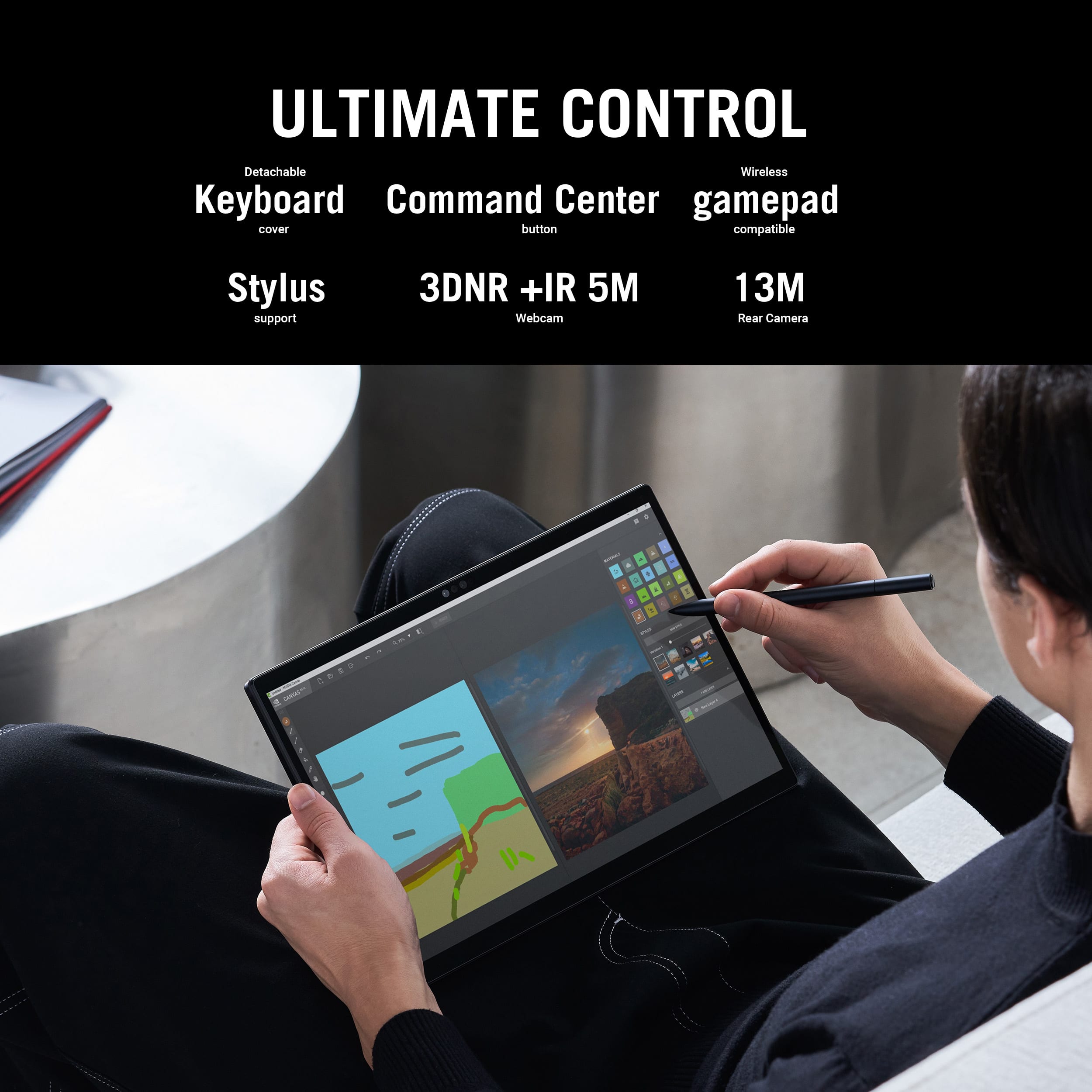 Ultimate Control: Detachable Wireless Keyboard, Command Center, Gamepad cover, Button compatible, Stylus support, 3DNR + IR 5M Webcam, 13M Rear Camera.