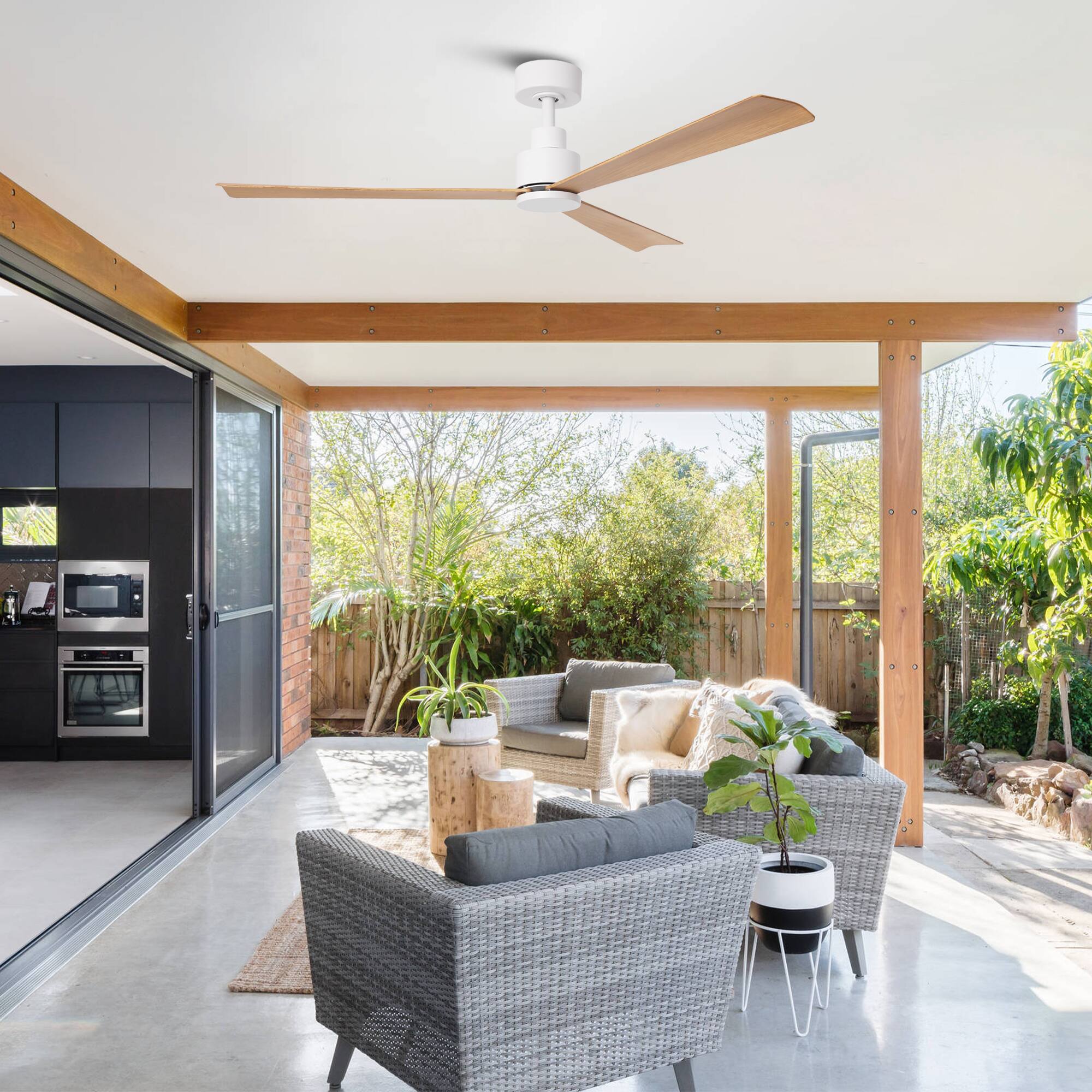Angle. Parrot Uncle - 52" Modern 3-Blade Ceiling Fan with Reversible DC Motor, 6-Speed, Remote Control, No Light - White.