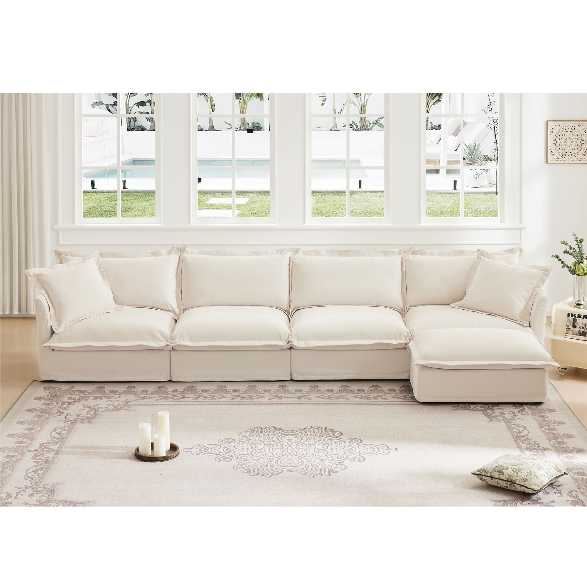 Meqiodas - L Shape Sectional Long Sofa Couch, 4 Seater Sofa with Suppleness Armrests, Chenille Couch for Living Room, Apartment - Cream(4+1)
