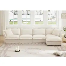 Meqiodas - L Shape Sectional Long Sofa Couch, 4 Seater Sofa with Suppleness Armrests, Chenille Couch for Living Room, Apartment - Cream(4+1)
