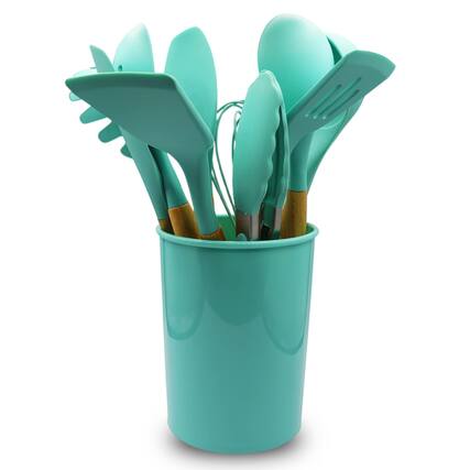Front. Cheer Collection - 12 Piece Silicone Spatula Set with Wooden Handles - Non-Stick Silicone Utensils for Cooking - Aqua.