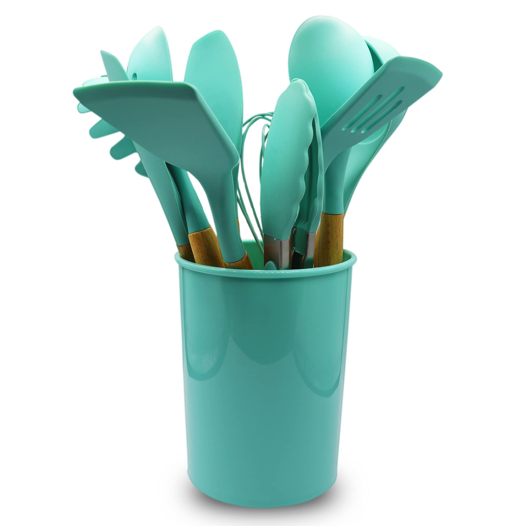 Front. Cheer Collection - 12 Piece Silicone Spatula Set with Wooden Handles - Non-Stick Silicone Utensils for Cooking - Aqua.