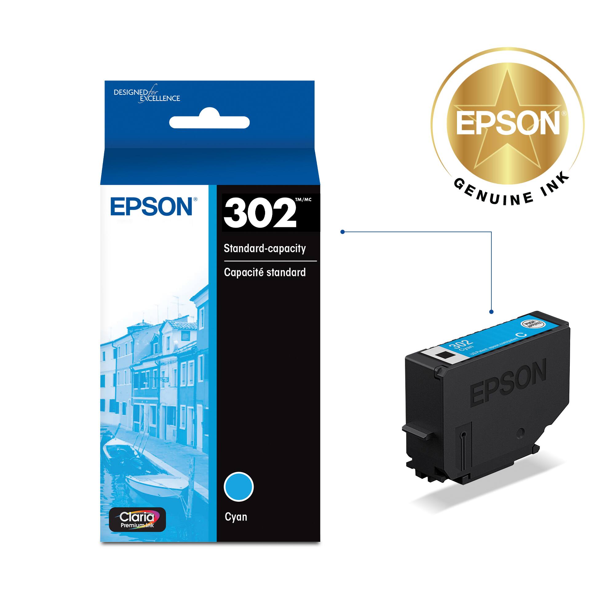 DESIGNED FOR EXCELLENCE

EPSON 302  
Standard-capacity  
Capacité standard

EPSON Claria Premium Ink  
Cyan

EPSON GENUINE INK