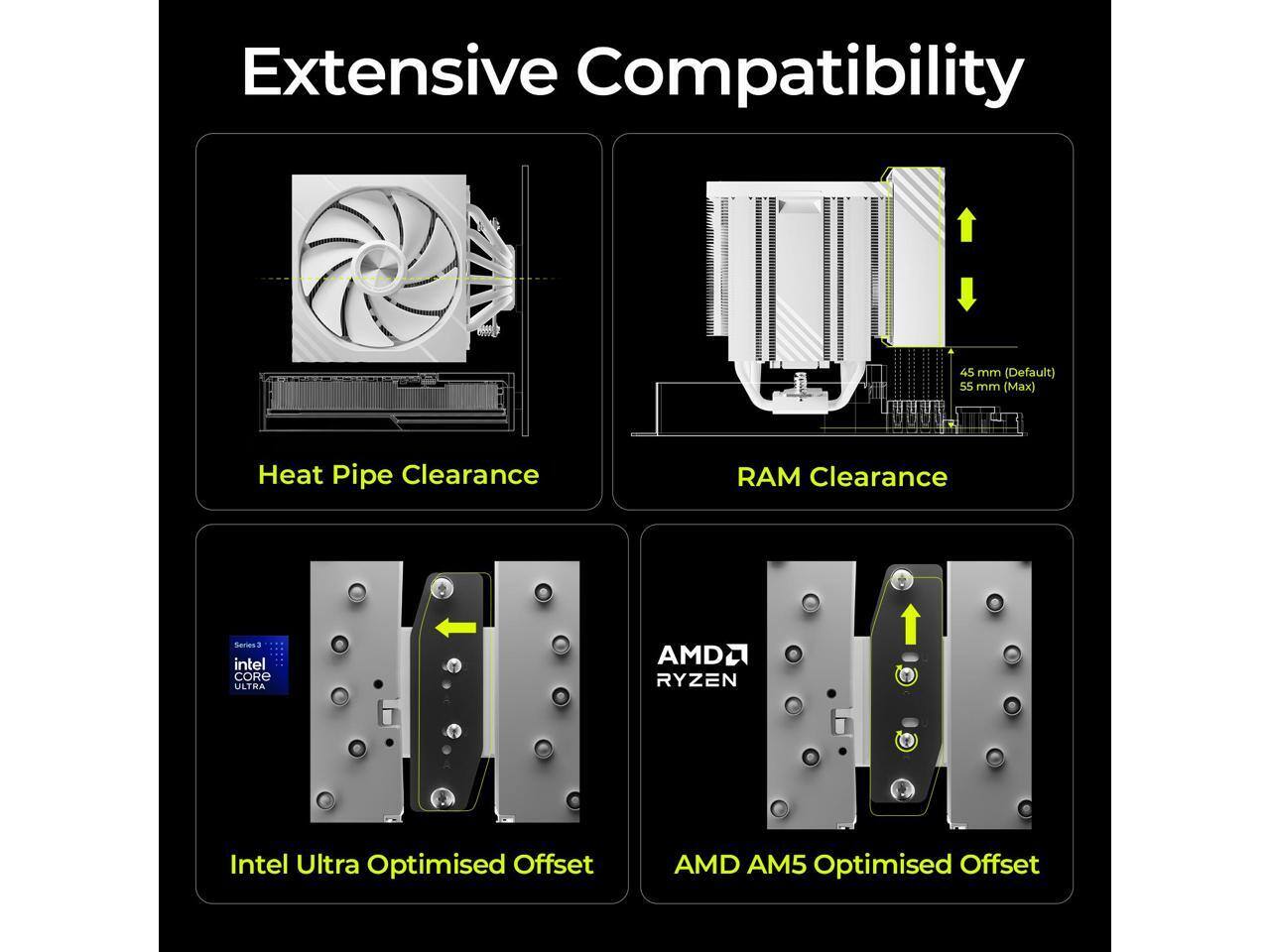 Extensive Compatibility

- Heat Pipe Clearance
- RAM Clearance (45 mm (Default) 55 mm (Max))
- Intel Ultra Optimised Offset
- AMD AM5 Optimised Offset