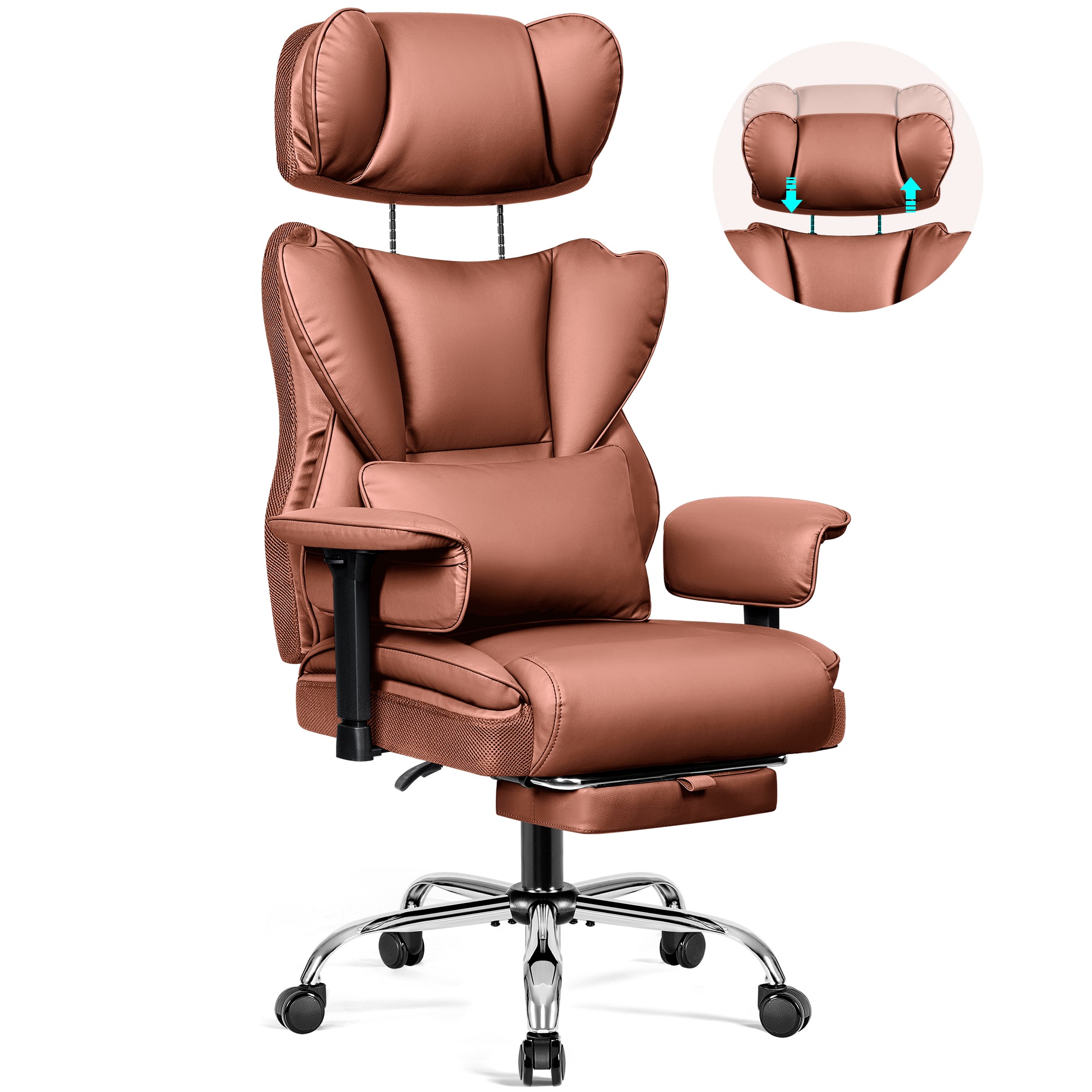 KERDOM - Ergonomic Executive Chair with Footrest, Lifting Armrest & Headrest Adjustable, Home Office Reclining PU Leather Chair - Brown
