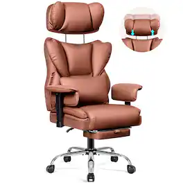 KERDOM - Ergonomic Executive Chair with Footrest, Lifting Armrest & Headrest Adjustable, Home Office Reclining PU Leather Chair - Brown